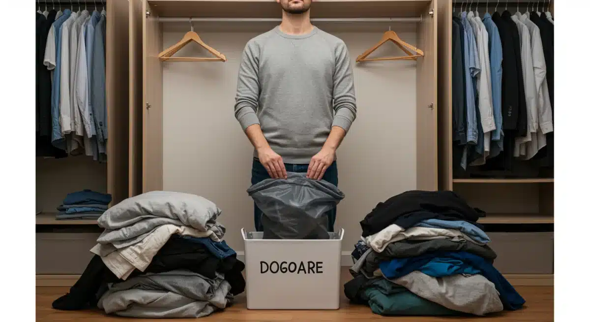 Persona decluttering su armario, clasificando ropa para guardar, donar o desechar, con pilas de ropa en el suelo.