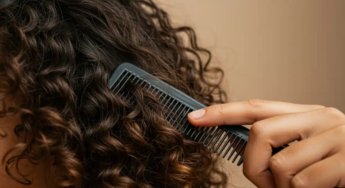 Persona con cabello rizado desenredando con un peine de púas anchas, mostrando cuidado capilar.