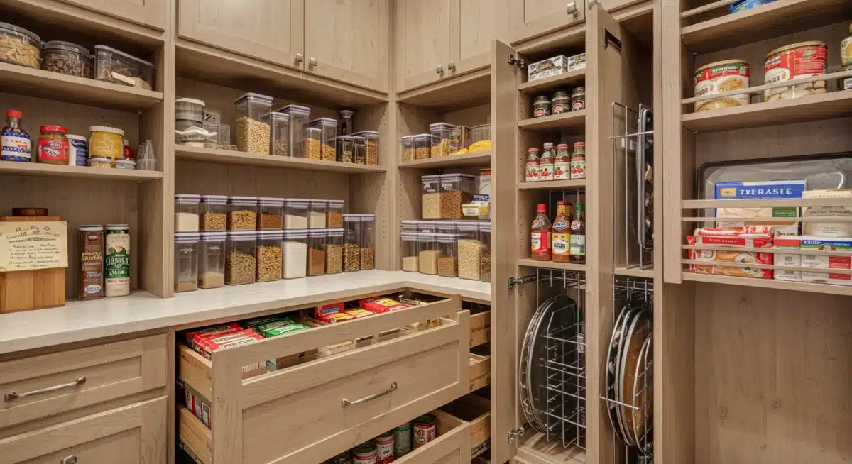 Despensa de cocina personalizada con cajones extraíbles y estantes ajustables para máxima eficiencia en un hogar de Estados Unidos.