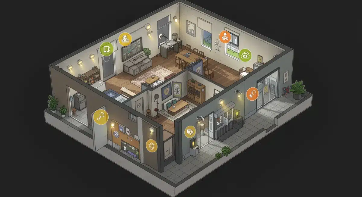 Plano de una casa que muestra la distribución de sistemas de iluminación inteligente en diferentes habitaciones, optimizando la eficiencia energética.