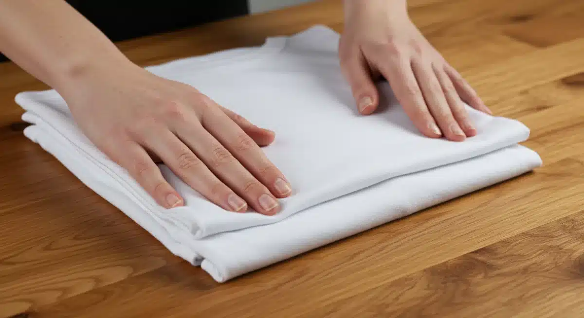 Manos doblando una camiseta recién planchada, mostrando el acabado liso y las líneas perfectas.