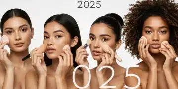 Base de maquillaje ideal 2025: Guía para tu tipo de piel Mujeres de diversas etnias y tipos de piel aplicando base de maquillaje en un estudio moderno, simbolizando la elección perfecta para 2025.
