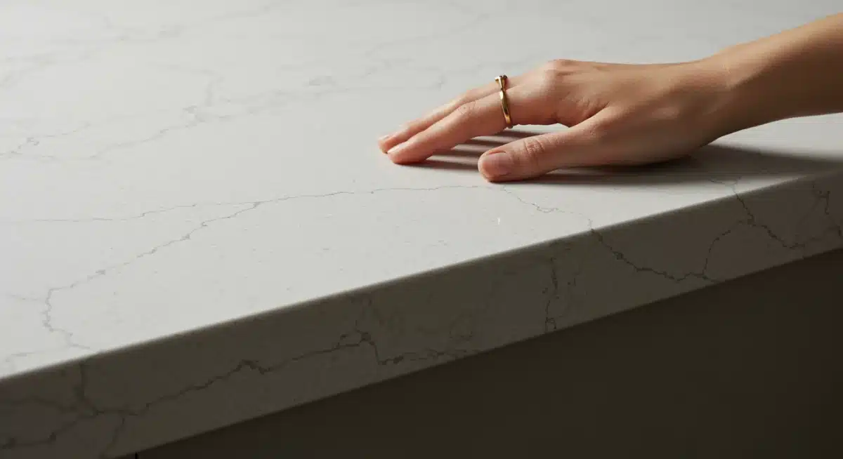 Detalle de una encimera de cuarzo, mostrando su superficie lisa y resistencia a las manchas.