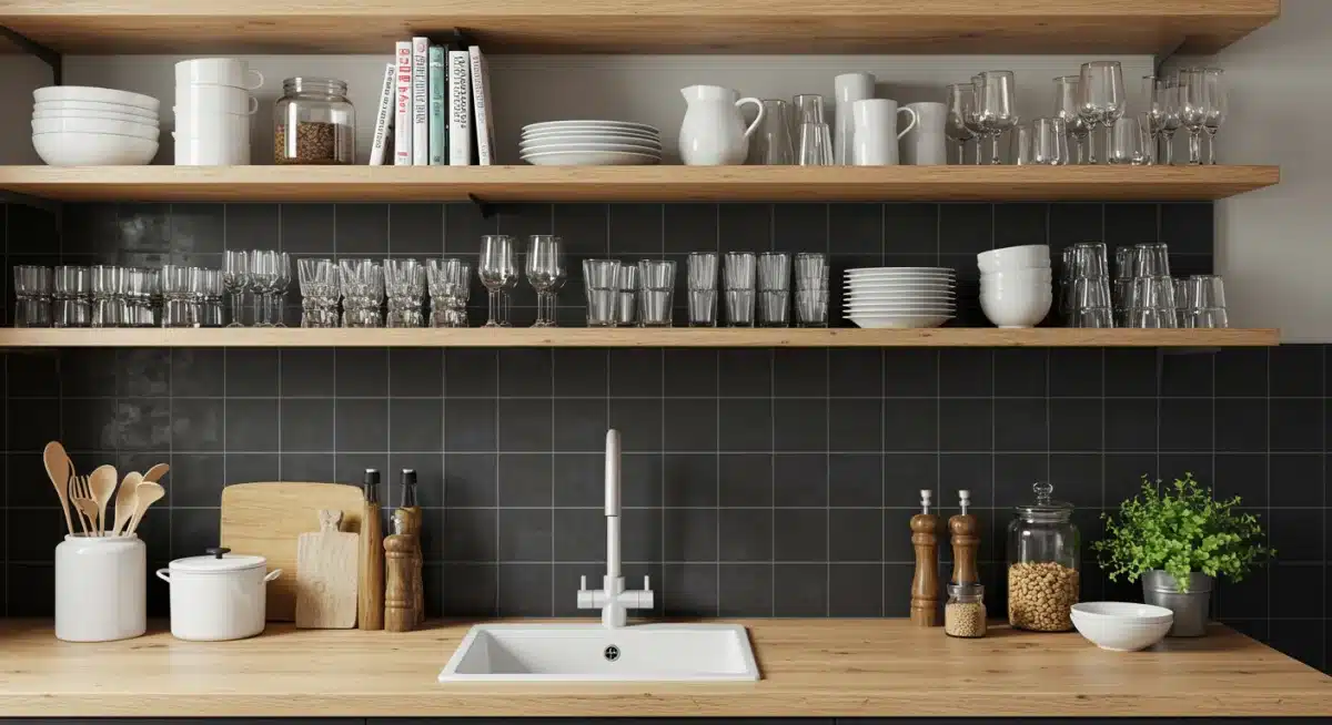 Estanterías abiertas en una cocina exhibiendo vajilla organizada y elementos decorativos.