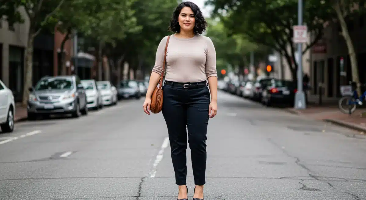 Persona con cuerpo de manzana en un top corte A y pantalones rectos, creando una silueta equilibrada en EE. UU.