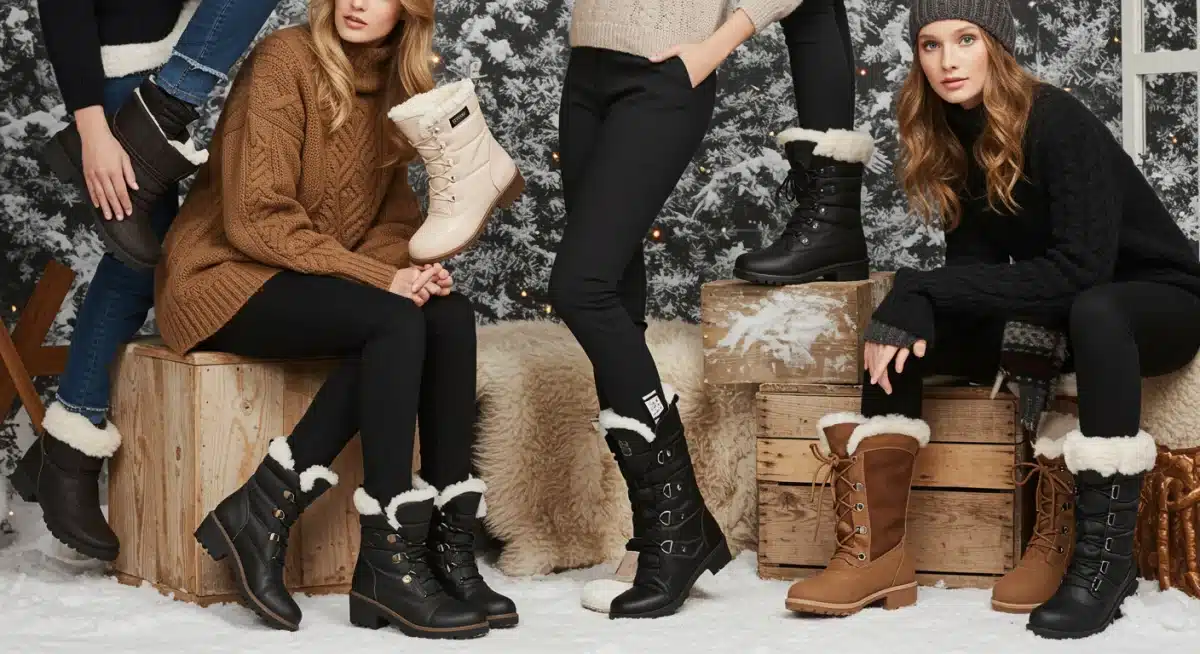 Variedad de estilos de botas de invierno para mujer en un ambiente acogedor.