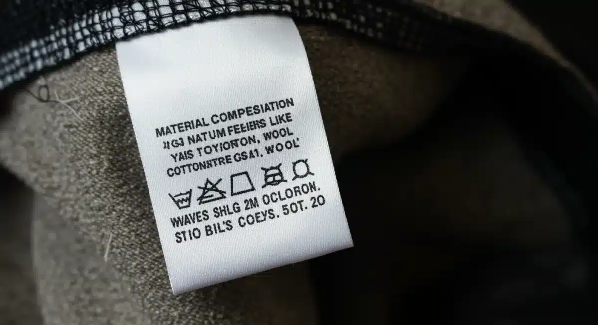 Etiqueta de ropa detallada con composición de materiales e instrucciones de cuidado.