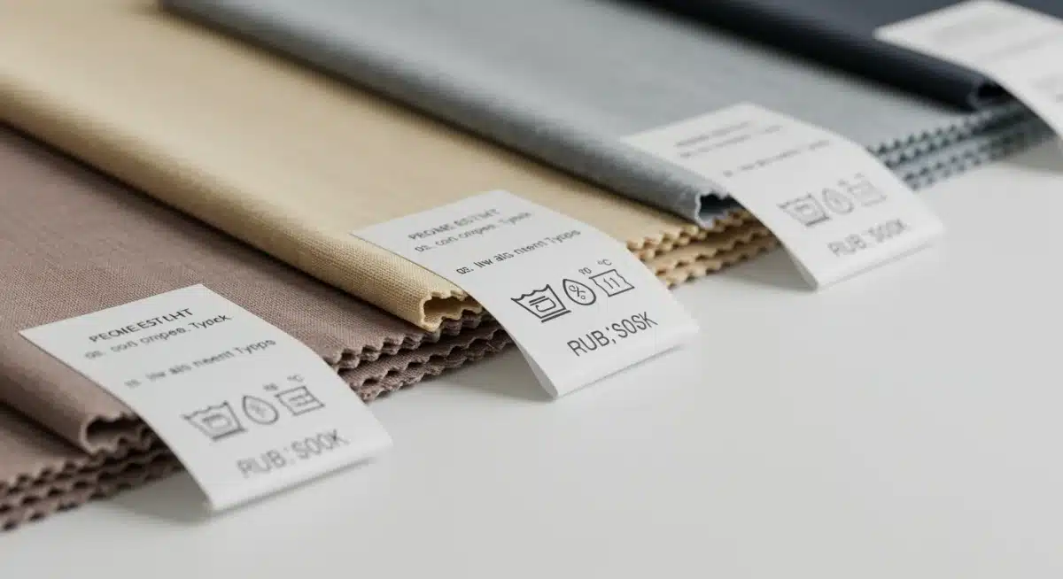 Primer plano de etiquetas de cuidado de diferentes tejidos con recomendaciones de temperatura para el planchado.