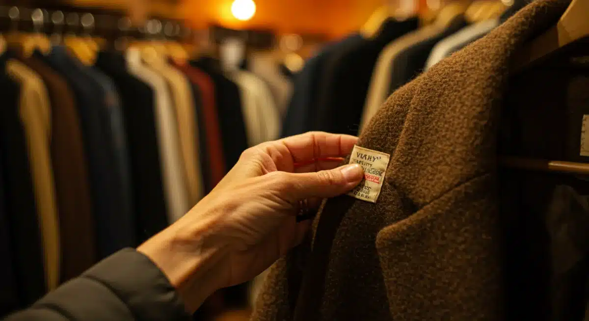 Detalle de una mano examinando la tela y etiqueta de una prenda vintage de calidad.
