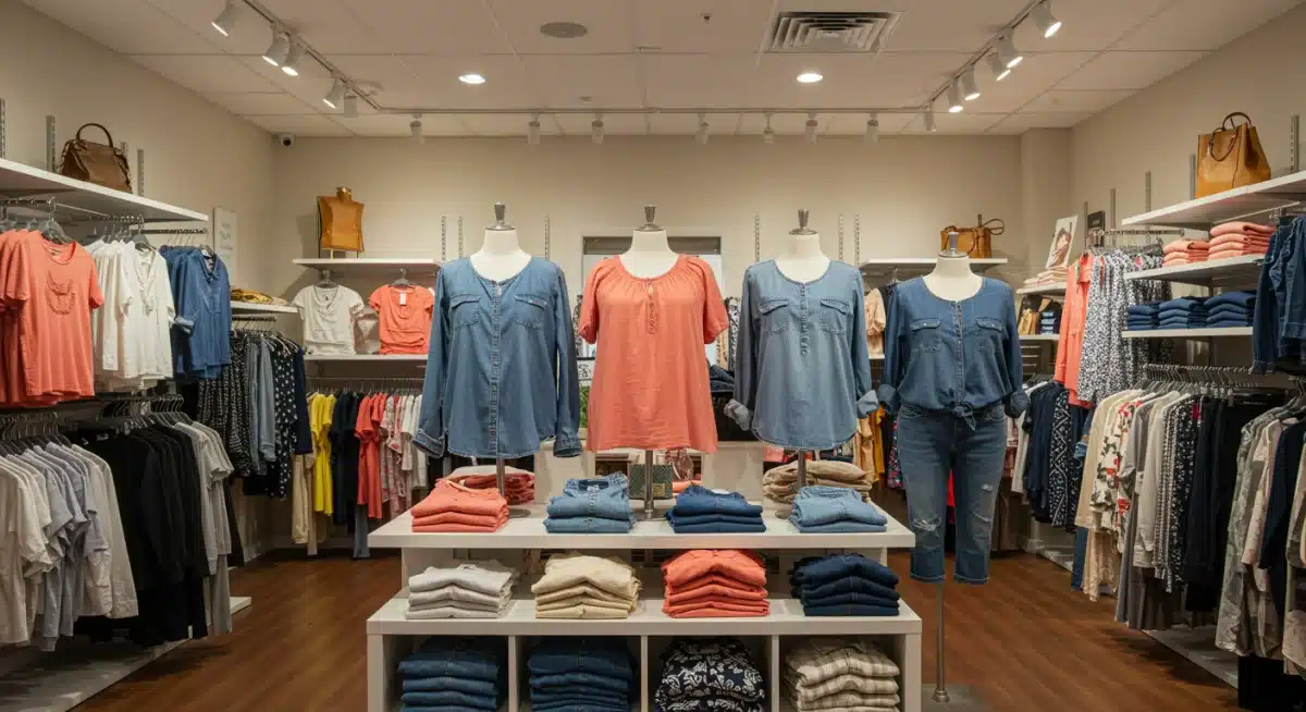 Exposición de ropa de talla grande en una boutique, mostrando variedad de estilos y colores.