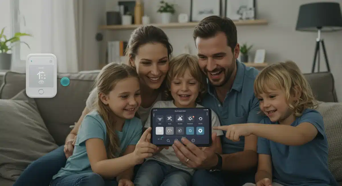 Familia utilizando una aplicación móvil para controlar su termostato inteligente y dispositivos del hogar.