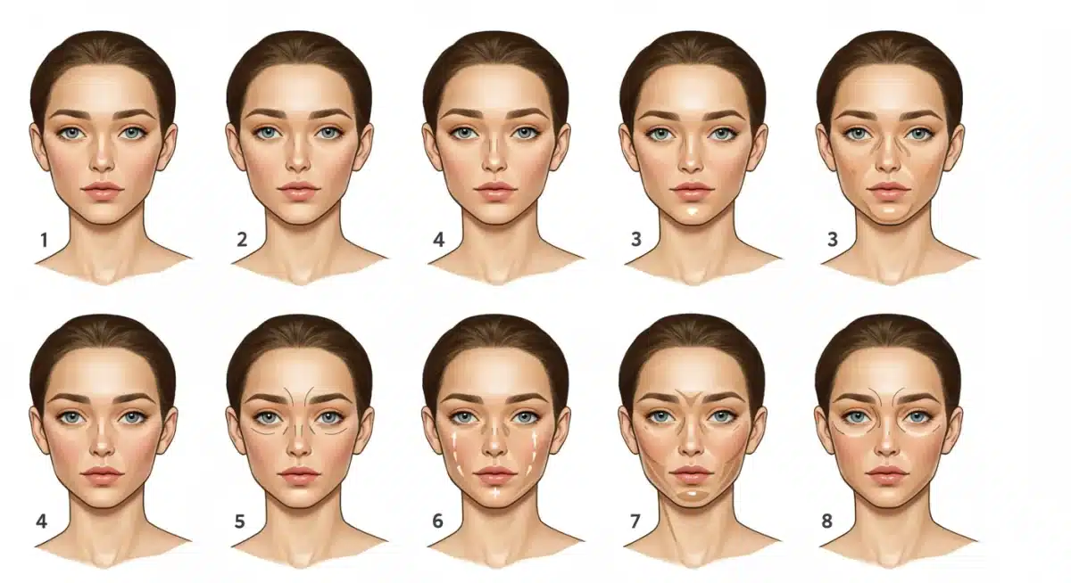 Guía visual paso a paso de contouring facial, mostrando las zonas de aplicación de tonos claros y oscuros para esculpir el rostro.