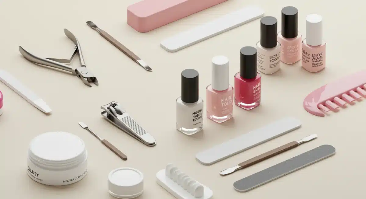 Herramientas esenciales para manicura casera como limas, cortauñas, y esmaltes de uñas en tonos modernos.