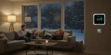 Familia disfrutando de un salón cálido y eficiente en invierno, con termostato inteligente visible.