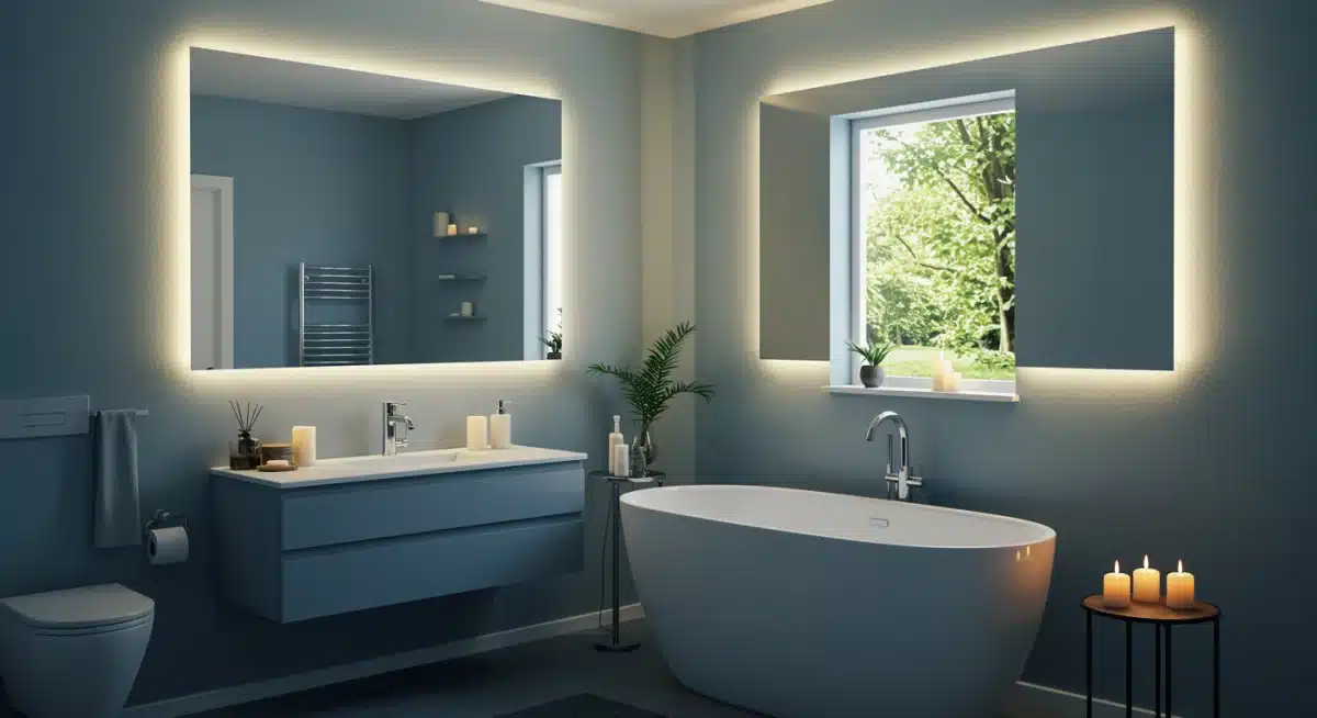 Iluminación ambiental suave en un baño, con velas sin llama y luces LED, creando una atmósfera relajante.