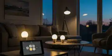 Salón moderno con iluminación inteligente que crea un ambiente cálido y acogedor al atardecer, mostrando un ahorro energético significativo.