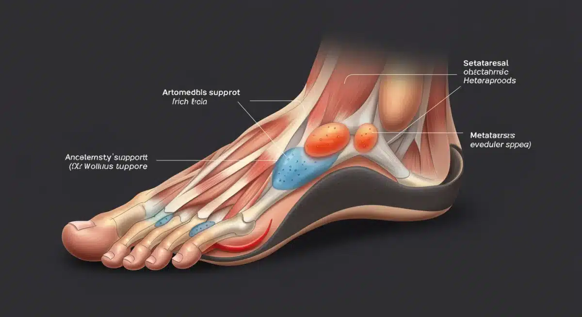 Ilustración anatómica del pie humano con puntos de soporte clave de una plantilla ortopédica.