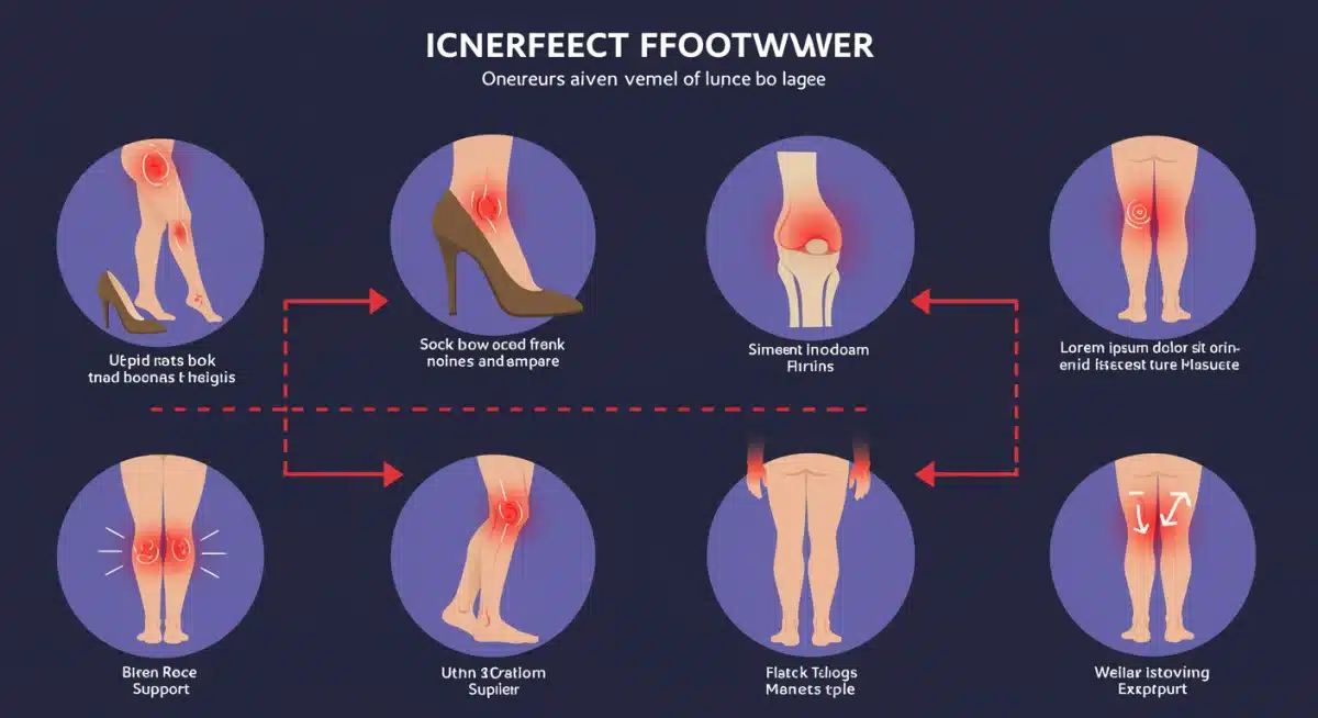 Infografía que relaciona calzado inadecuado con problemas de espalda, rodillas y juanetes, mostrando las consecuencias de malas elecciones.