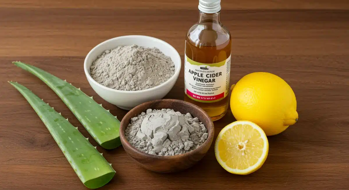 Ingredientes naturales para detox capilar casero: arcilla, vinagre de manzana, aloe vera.