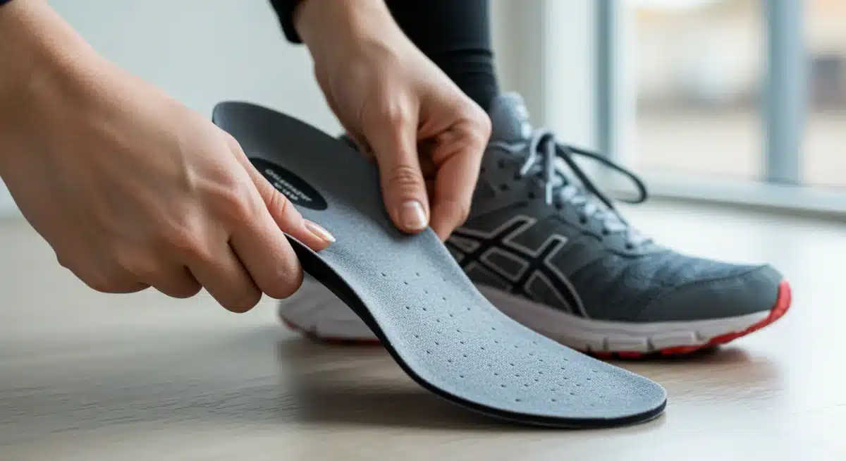 Persona insertando una plantilla de gel amortiguadora en un zapato deportivo para mayor confort.