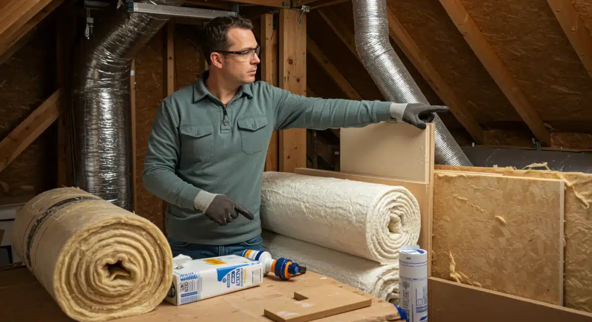 Persona inspeccionando diferentes tipos de materiales de aislamiento en un ático o sótano.