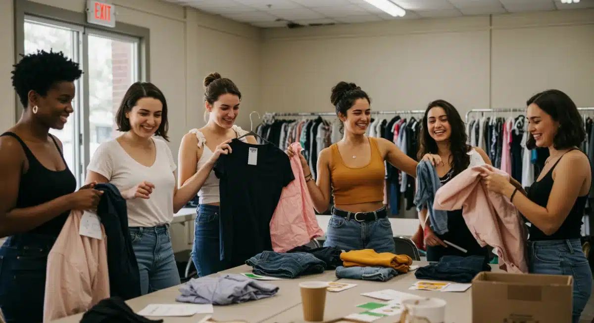 Amigos intercambiando ropa en un evento de 'clothing swap' en Estados Unidos, fomentando la moda sostenible.