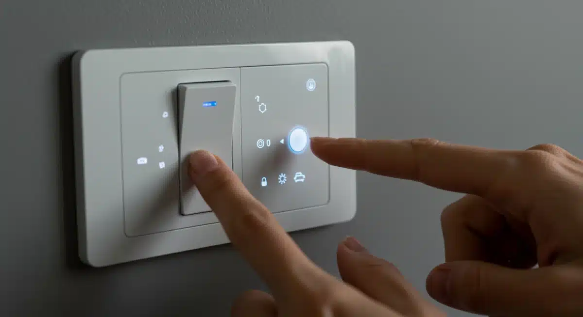 Primer plano de un interruptor de luz inteligente moderno, mostrando su interfaz digital y facilidad de uso para controlar el ambiente.