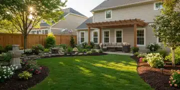 Jardín trasero idílico en Estados Unidos con paisajismo exuberante y área de descanso, creando un oasis de tranquilidad.