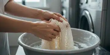 Trucos para lavar ropa delicada sin dañarla en Estados Unidos Mujer lavando a mano una blusa de encaje delicada en un lavabo moderno en Estados Unidos.