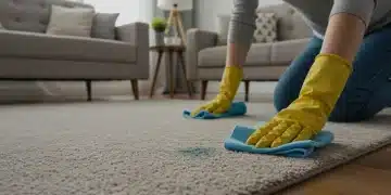 Mujer limpiando rápidamente una alfombra en una sala de estar moderna y luminosa en Estados Unidos.