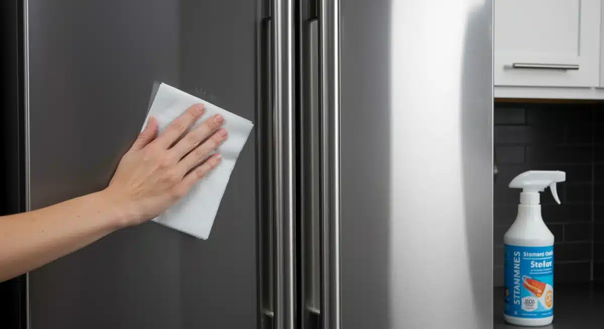 Mano limpiando el exterior de un frigorífico de acero inoxidable con un paño.