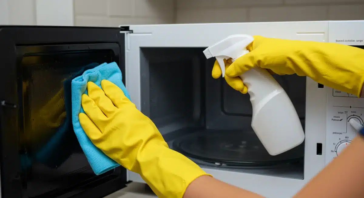 Persona limpiando el interior de un microondas con guantes y paño de microfibra.