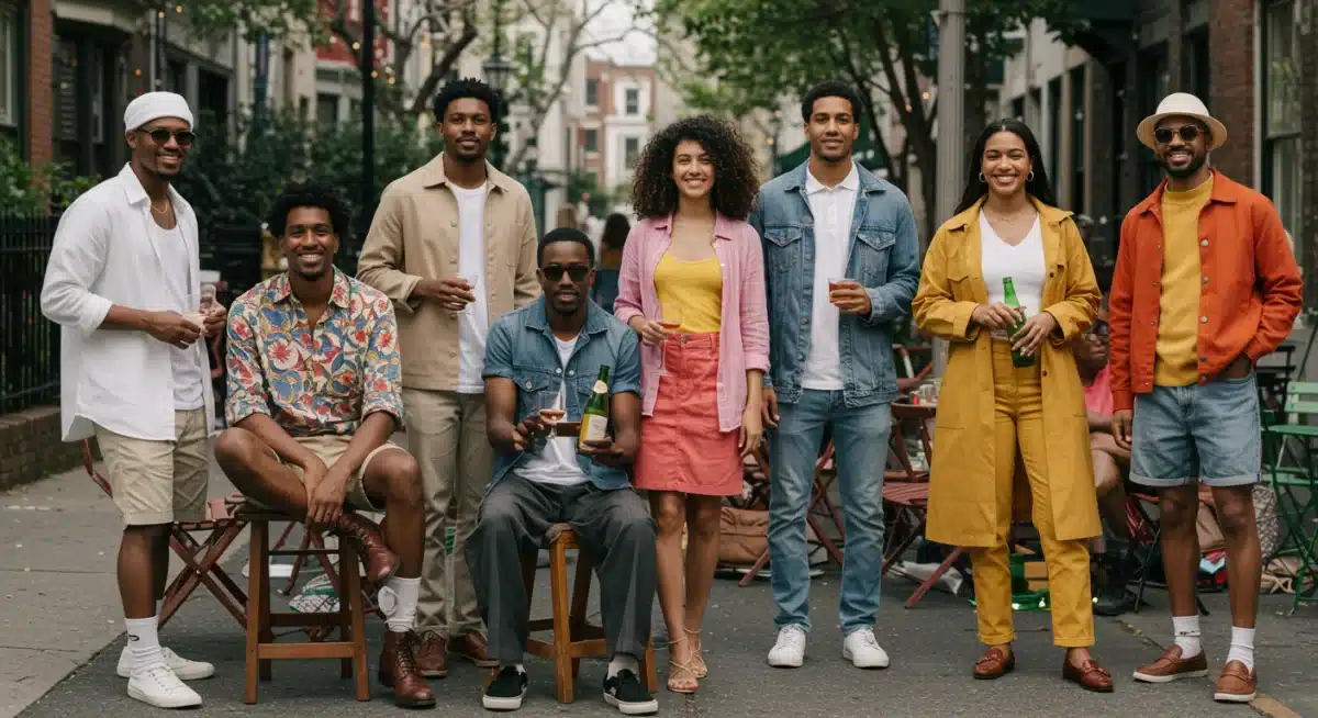 Grupo de amigos con looks de ropa modernos y elegantes, mostrando combinaciones de colores actuales en 2025 en Estados Unidos.