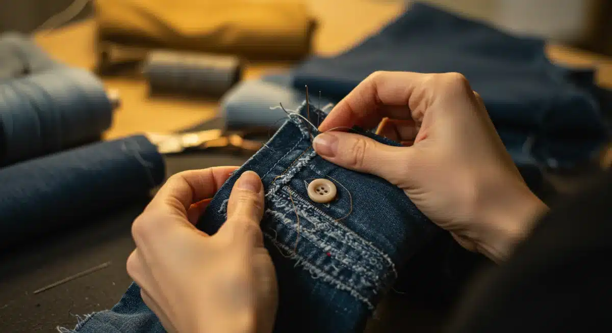Manos cosiendo detalles intrincados en tela vaquera reutilizada, creando un accesorio único.
