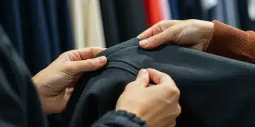 Manos examinando la costura de una prenda de alta calidad en una tienda de ropa en Estados Unidos.