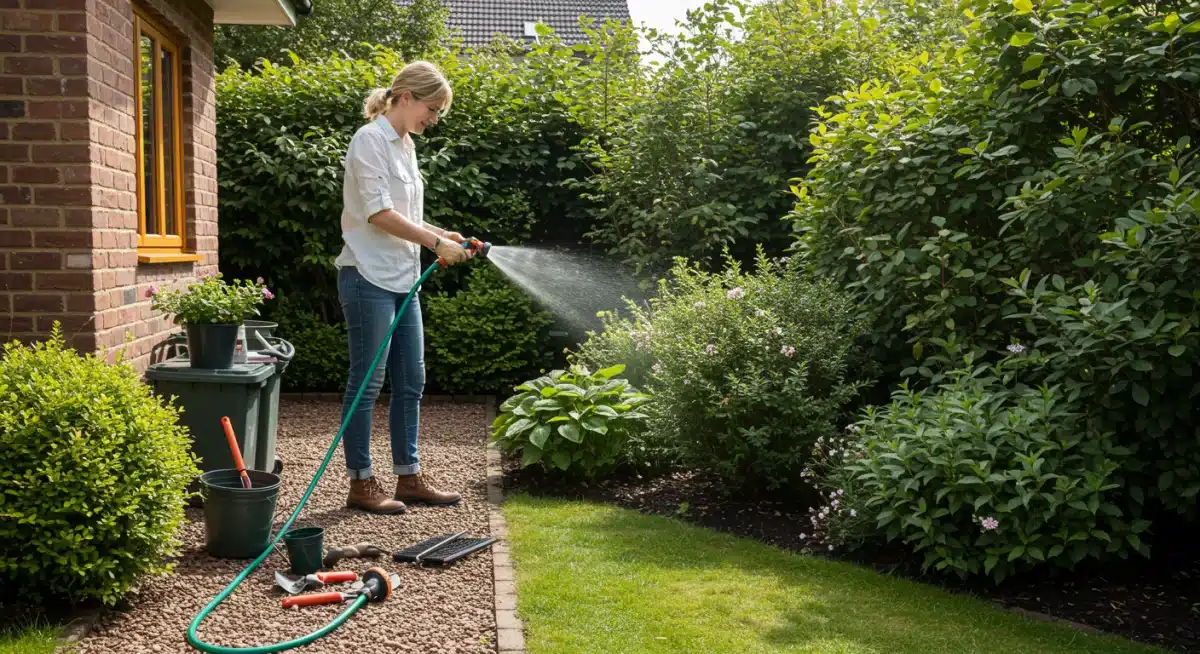 Propietario cuidando su jardín, regando y podando plantas, simbolizando el mantenimiento esencial para un oasis verde.
