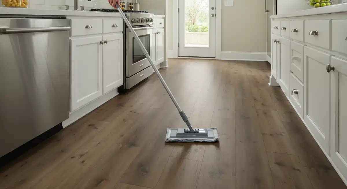 Proceso de mantenimiento y limpieza de un suelo de vinilo de lujo en una cocina moderna.