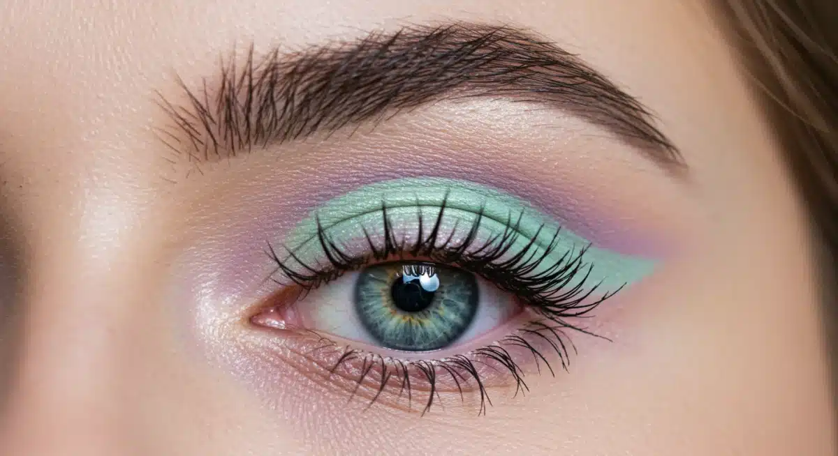 Ojo con maquillaje 'Sueños Pastel', mostrando sombras suaves en tonos lavanda y menta.