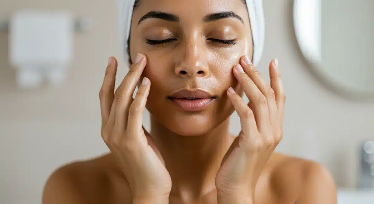 Persona masajeando aceite facial en su piel con movimientos suaves.