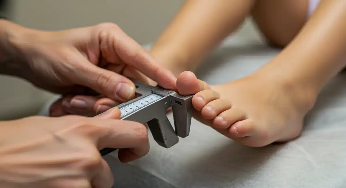 Adulto midiendo el pie de un niño con un medidor de calzado para asegurar la talla correcta.