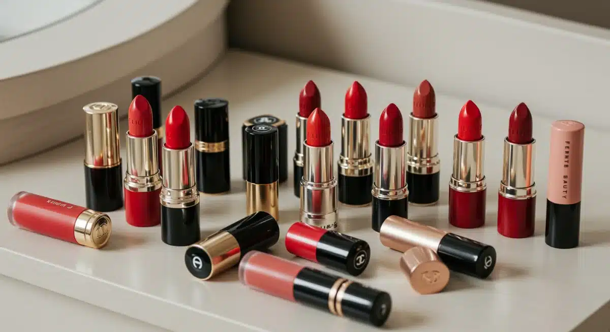 Exhibición de labiales rojos de marcas de lujo y populares.
