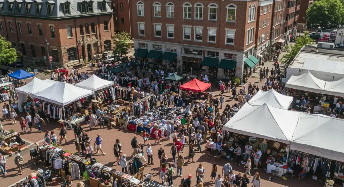 Vista aérea de un animado mercado de pulgas vintage al aire libre en una ciudad estadounidense.