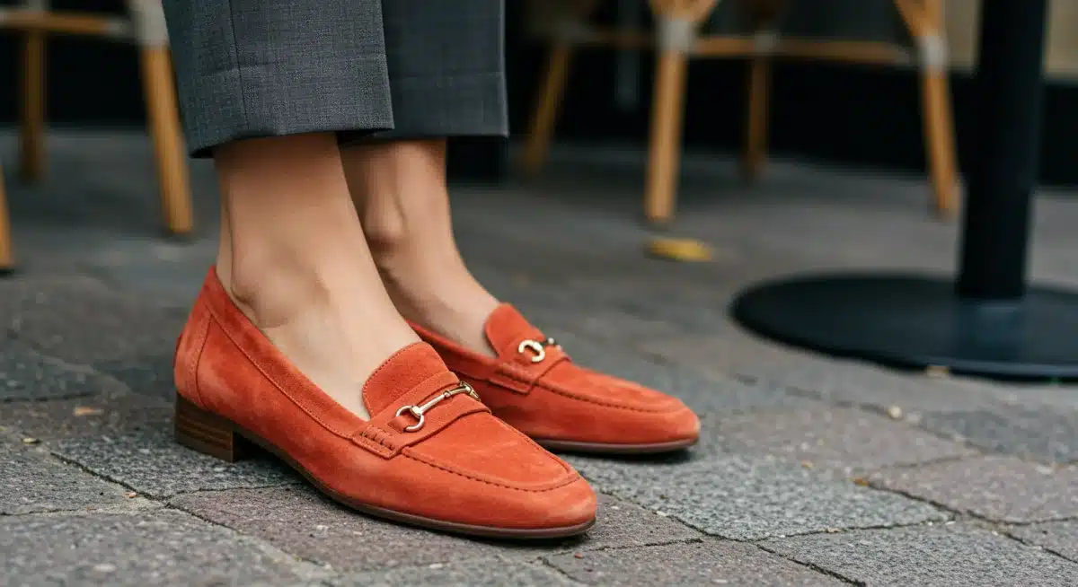 Pies de mujer con mocasines de ante de color vibrante, combinados con pantalones de vestir en un ambiente elegante.