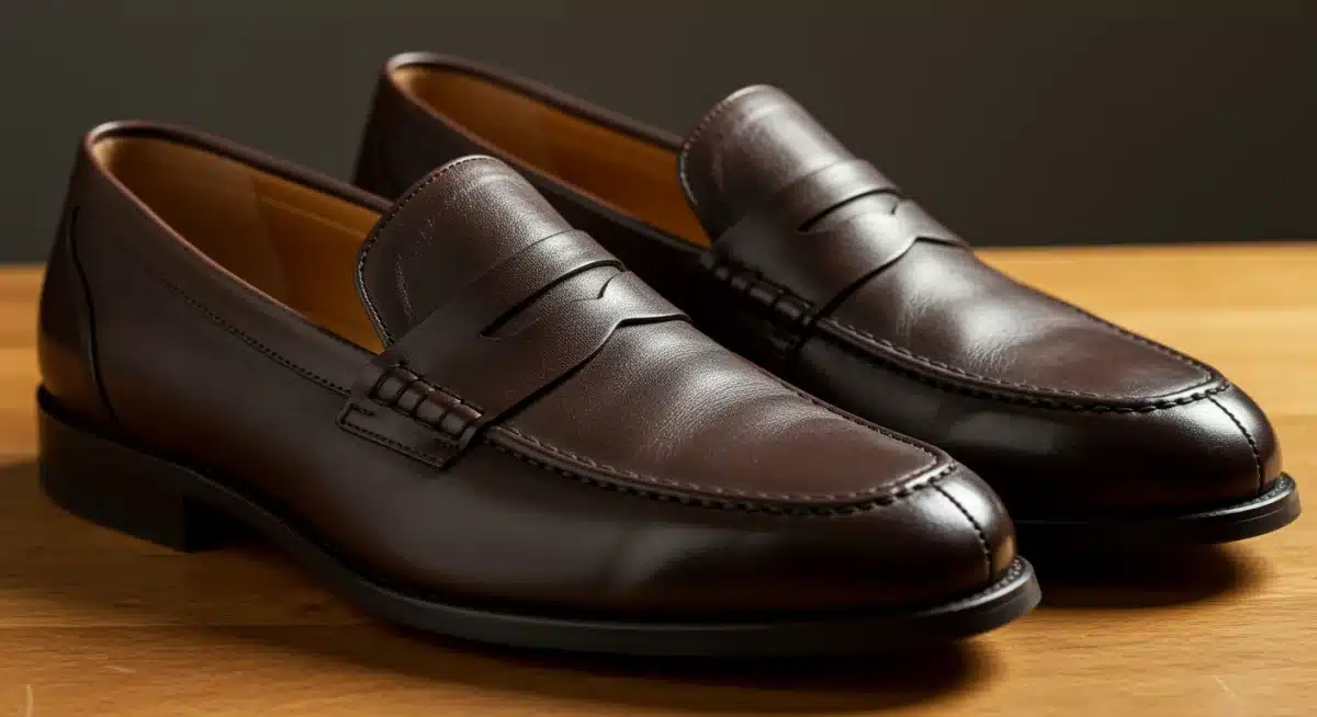 Primer plano de mocasines clásicos de cuero para hombre, destacando la artesanía y el material.