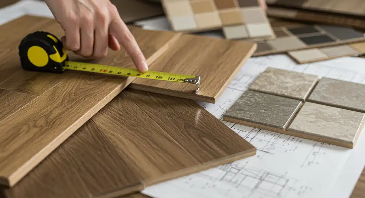 Muestras de suelos para elegir en un hogar, incluyendo madera y vinilo, con herramientas de medición.