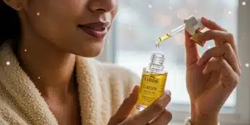 Mujer aplicando aceite facial en su piel radiante en un entorno invernal cálido.