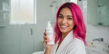 Mujer con cabello teñido radiante sosteniendo un champú sin sulfatos.