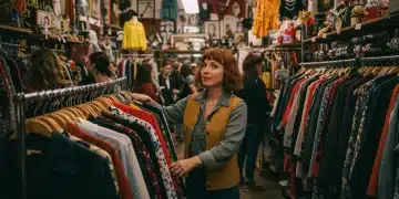 Mujer sonriendo mientras explora ropa vintage colorida en una tienda de Estados Unidos.