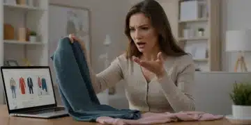 Mujer frustrada con ropa que no le queda bien, comprando online en Estados Unidos.