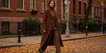 Mujer elegante con abrigo largo y pantalones anchos, mostrando las tendencias de moda de otoño 2025 en Estados Unidos.